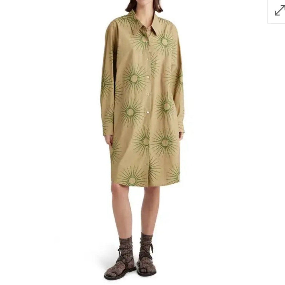 Dries Van Noten Beige Shirt Dress with Green Sunburst Print
